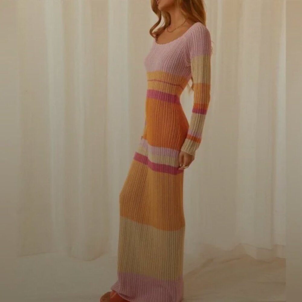 Peppermayo Long Sleeve Ribbed Maxi Dress in Pink, Orange, Cream - Picture 6 of 6